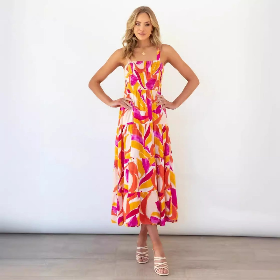 Damen Boho-inspiriertes Maxikleid mit buntem Blütenmuster und elastischem Oberteil Drune