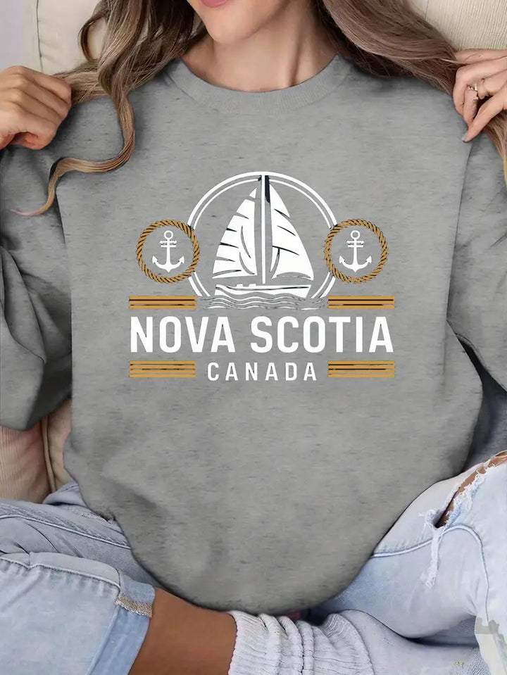 Damen Sweatshirt mit maritimem Segelmuster und dezentem Schriftzug Drune