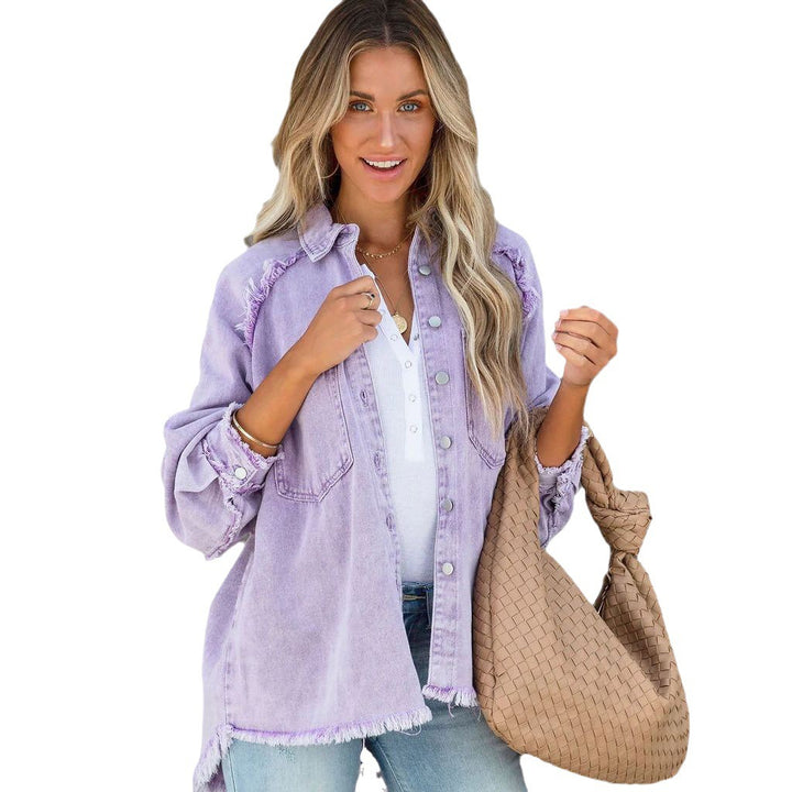 Damen nan oversized Hemdjacke im Used‑Look mit ausgefransten Kanten und aufgesetzten Pattentaschen Drune
