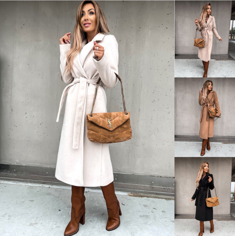 Damen eleganter langärmeliger Wollmantel mit Taillengürtel Drune