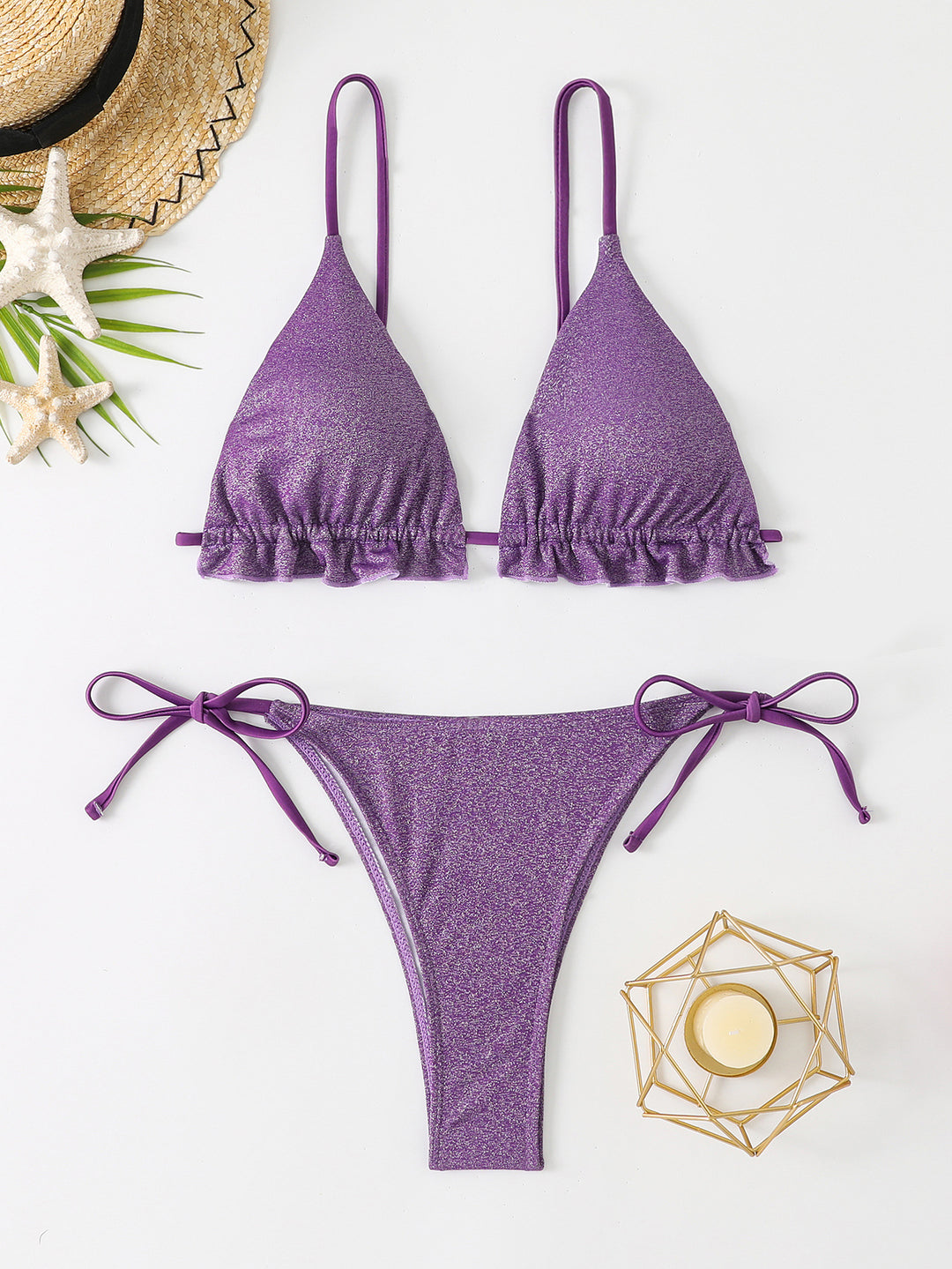 Damen Bikini-Set mit glitzernden Rüschendetails und verstellbaren Trägern Drune