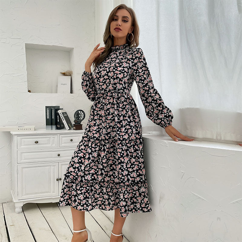 Damen Maxikleid mit floralem Design und eleganten Rüschendetails Drune