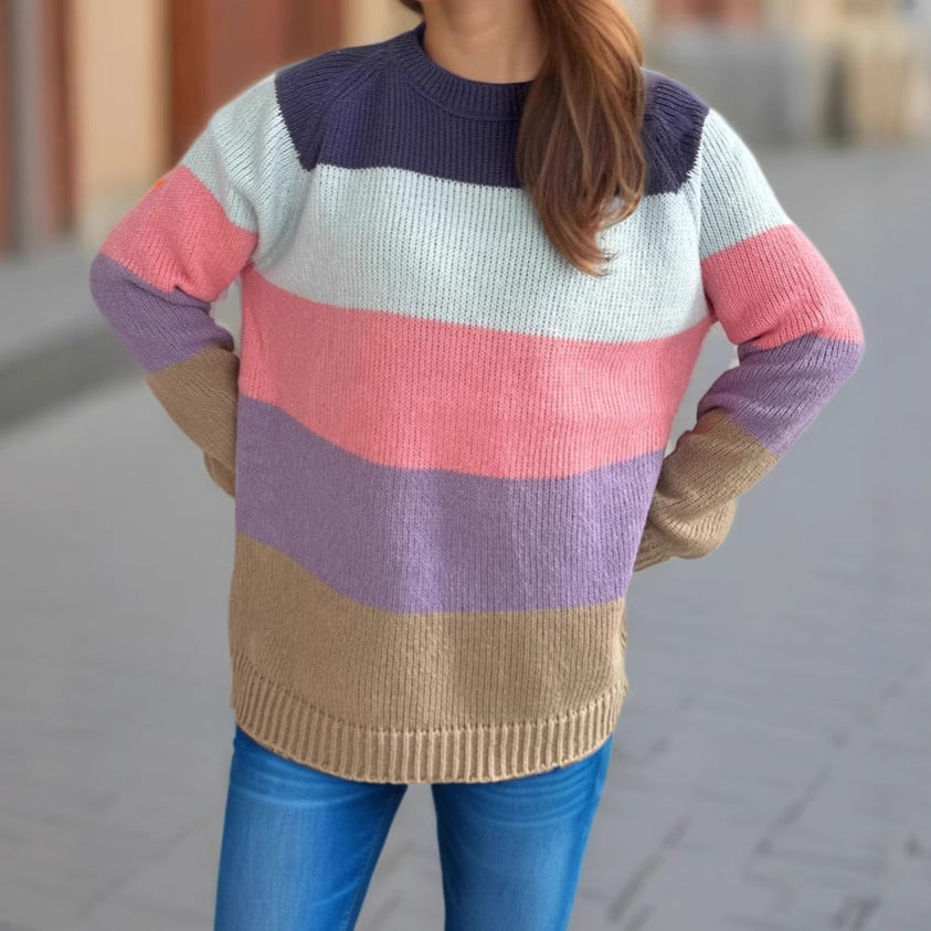 Damen gestreifter Strickpullover mit lässigem Schnitt und buntem Design Drune