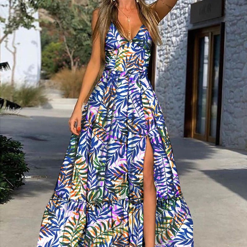 Damen Maxikleid mit floralem Print und tiefem Schlitz Drune