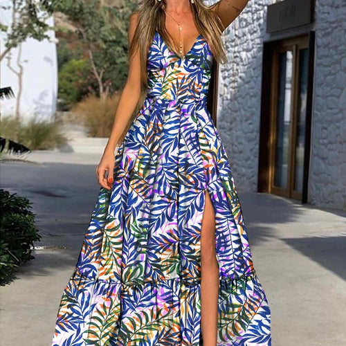 Damen Maxikleid mit floralem Print und tiefem Schlitz Drune