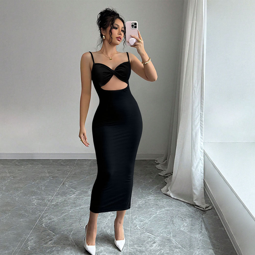 Damen figurbetontes Midi-Kleid mit elegantem Cut-Out und feinen Spaghettiträgern Drune