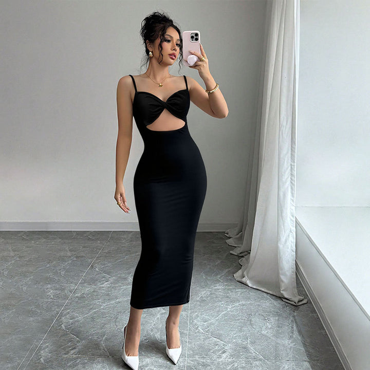 Damen figurbetontes Midi-Kleid mit elegantem Cut-Out und feinen Spaghettiträgern Drune