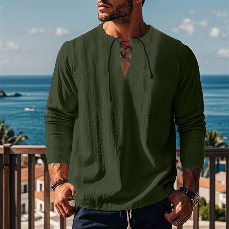 Herren modisches Langarmshirt mit Schnürung und V-Ausschnitt Drune