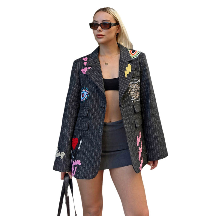 Damen Oversized Blazer mit kreativem Stickdesign Drune