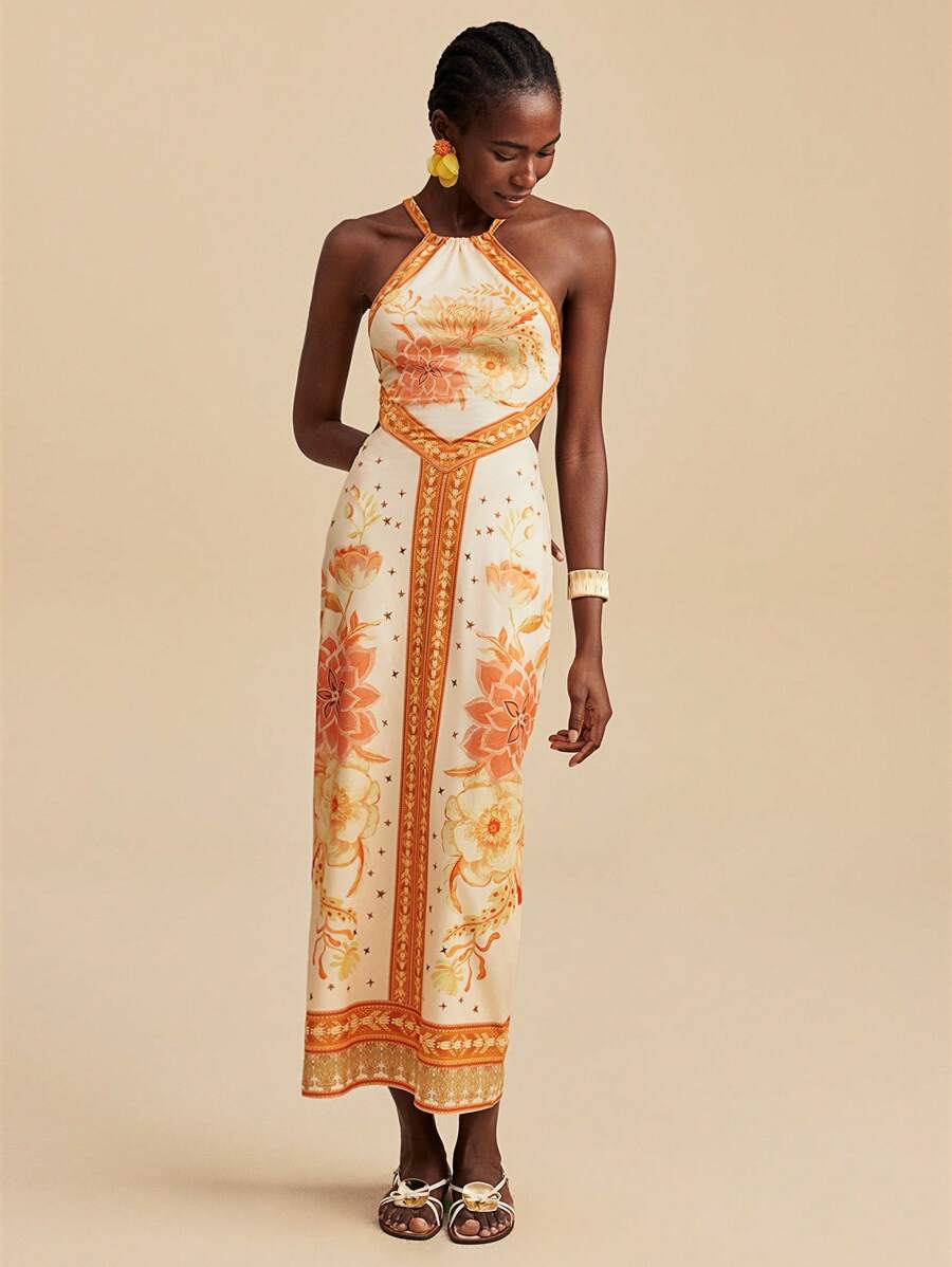 Damen Maxikleid mit exklusivem Halterdesign und floralem Druck Drune