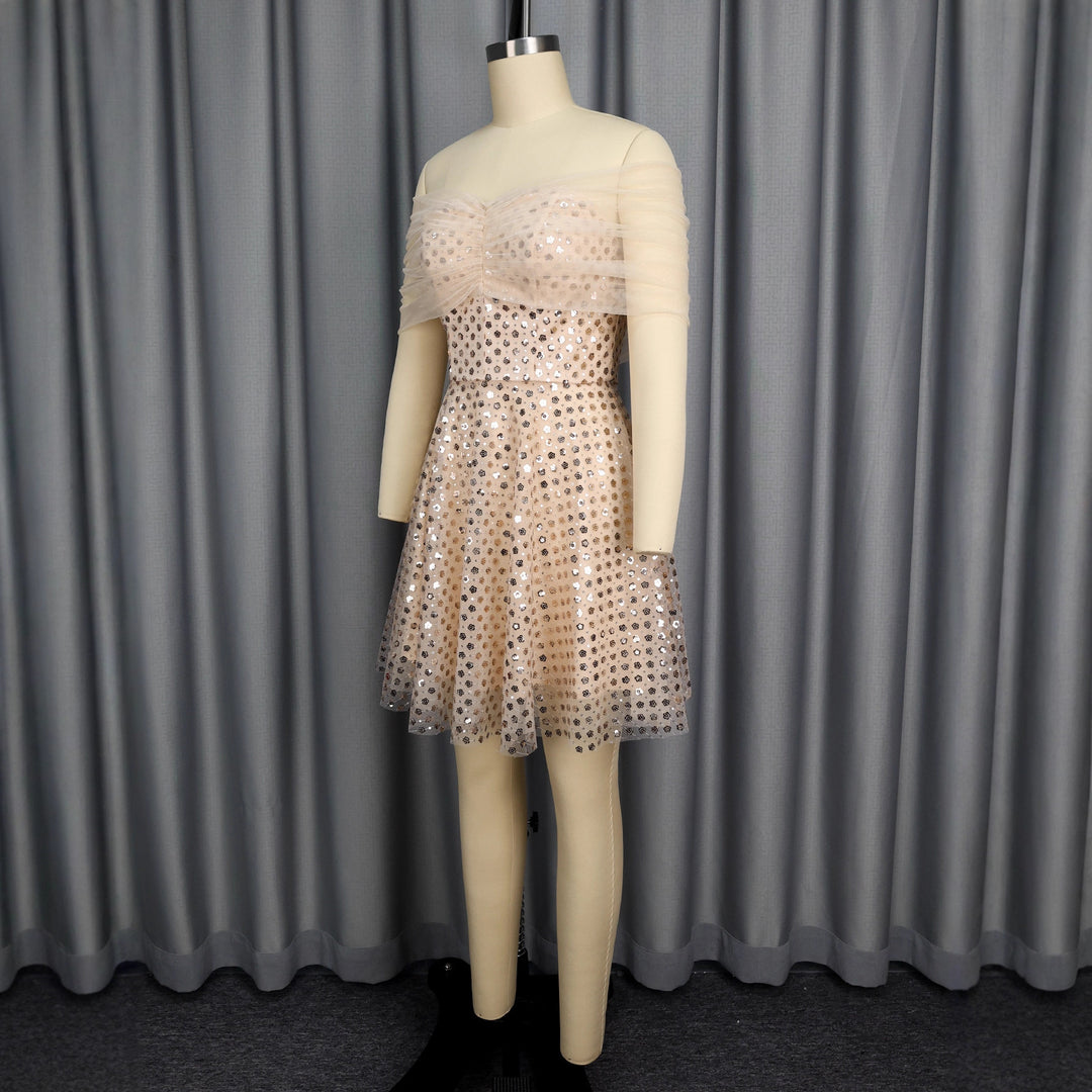 Damen Glamouröses Cocktailkleid mit transparentem Tüllüberzug und funkelnden Pailletten Drune