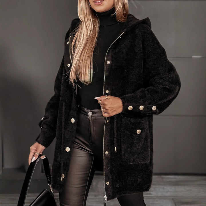 Damen Kuschelige Fleecejacke mit Kapuze und Druckknöpfen Drune