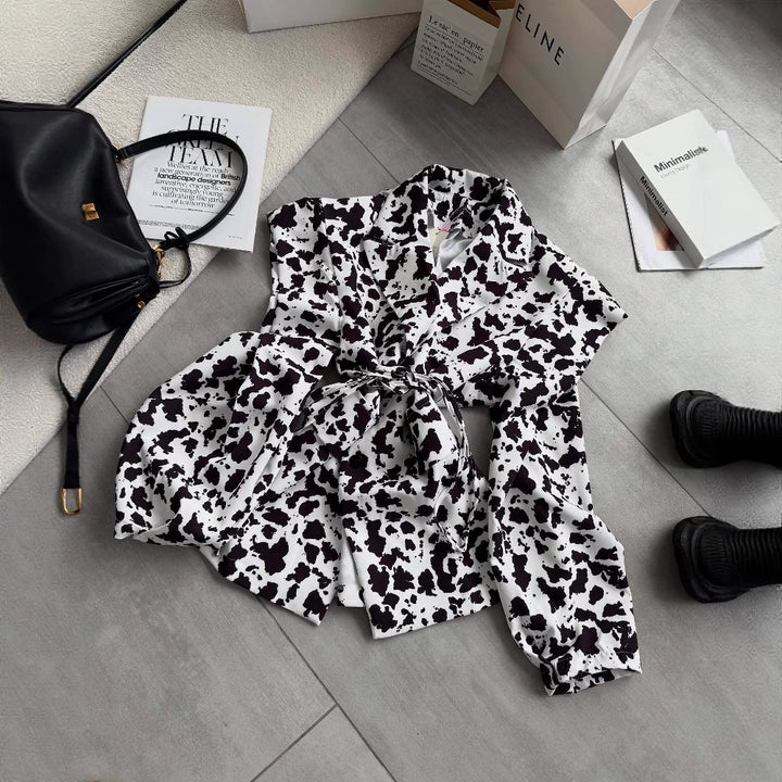 Damen Klassische Bluse mit dekorativem Bindeband und modischem Fleckenmuster Drune
