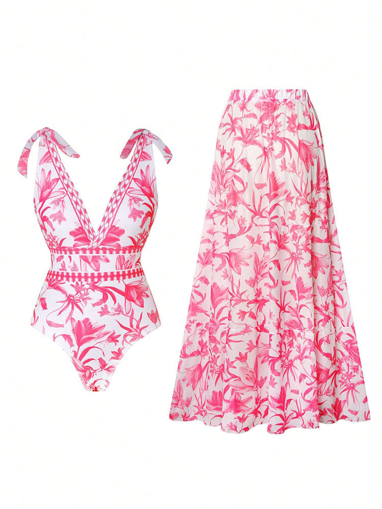 Damen Badeanzug-Set mit floralem Design und passendem Rock Drune