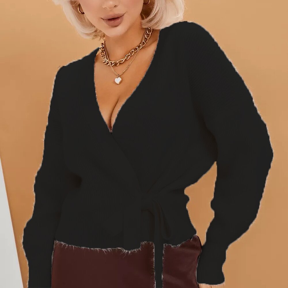 Damen Wickel-Strickjacke mit tiefem V-Ausschnitt und Bindegürtel Drune