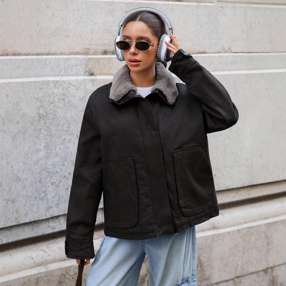 Damen lässige Übergangsjacke mit Kunstfellkragen und praktischen Taschen Drune