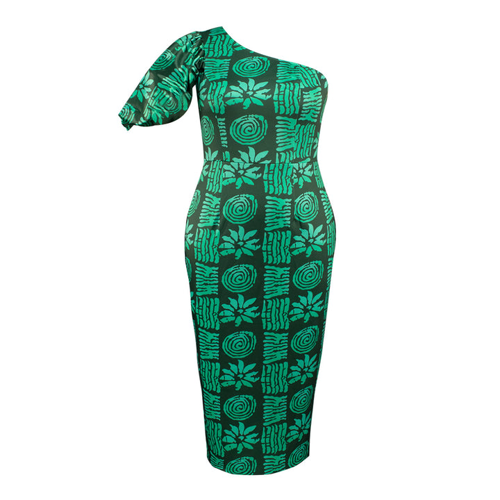 Damen asymmetrisches Maxi-Kleid mit einzigartigem Muster und voluminösem Puffärmel Drune