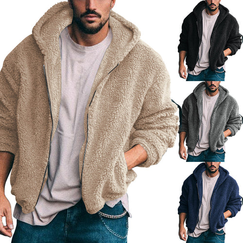 Herren nan Oversized Teddy-Fleece-Kapuzenjacke mit Utility-Ärmeltasche, Frontreißverschluss und elastischem Saum Drune