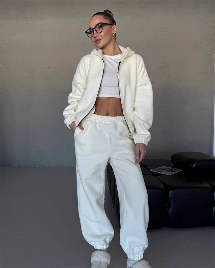Damen stylisches Fleece-Loungewear-Set mit cropped Jacke und bequemen Jogginghosen Drune