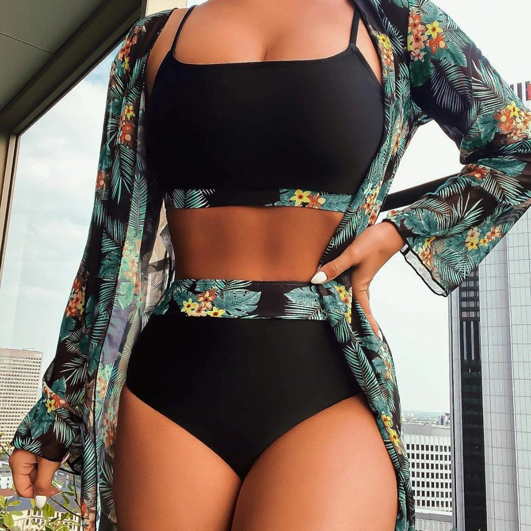 Damen Bikini-Set mit hochgeschnittenem Höschen und floralem Kimono Drune