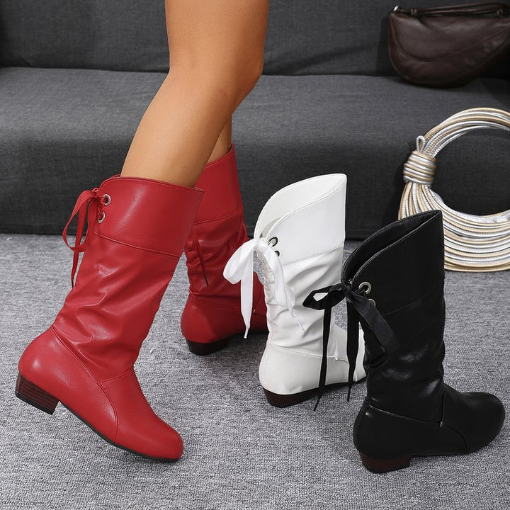 Damen nan schafthöhe Stiefel mit Raffung, rückseitiger Schnürung und niedrigem Blockabsatz Drune