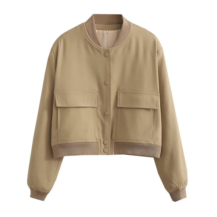 Damen modische cropped Bomberjacke mit großen Pattentaschen Drune