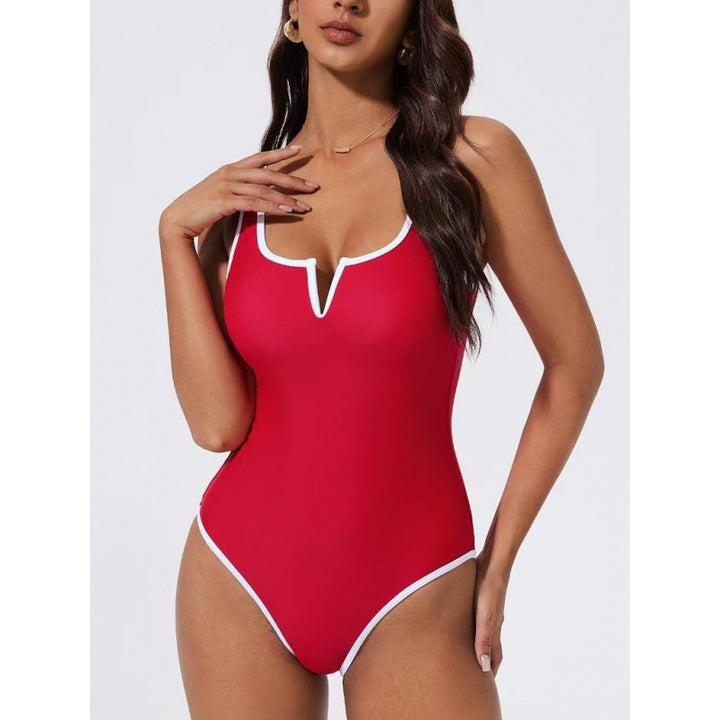 Damen Einteiliger Badeanzug mit tiefem V-Ausschnitt und kontrastierenden Details Drune