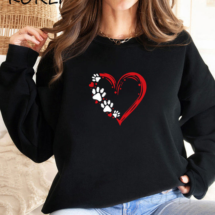 Damen Sweatshirt mit kreativem Herz- und Pfotendesign Drune
