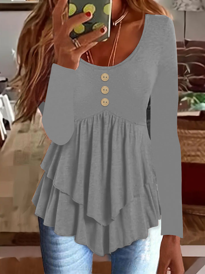Damen Langarm Blusenshirt mit mehrlagigem Design und dekorativen Knopfdetails Drune