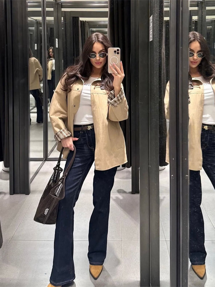 Damen lässige Utility-Jacke mit modischem Karomuster Drune