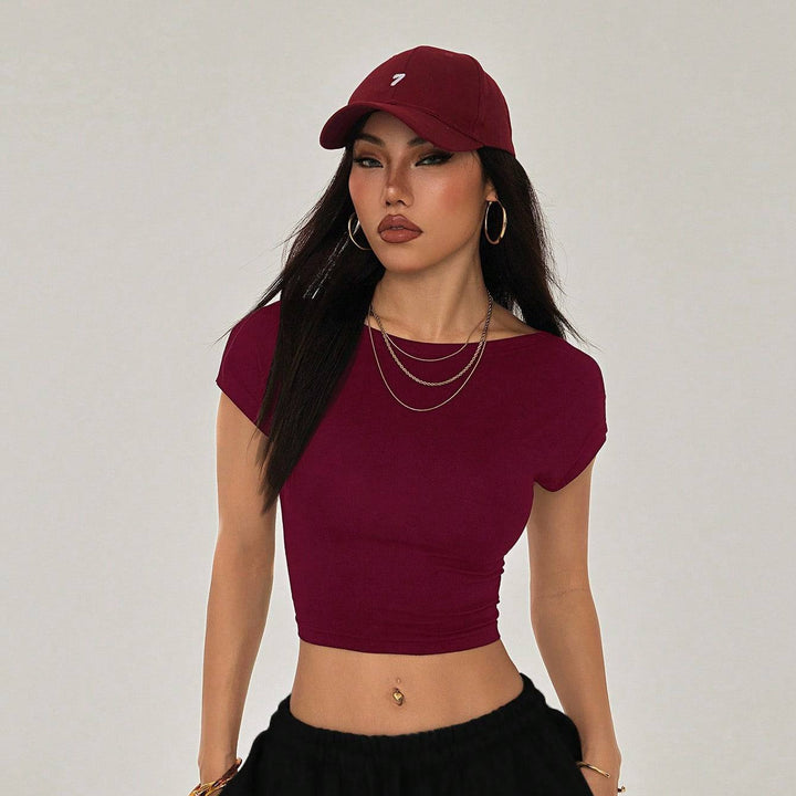 Damen Crop-Top mit breitem Ausschnitt und körperbetontem Schnitt Drune