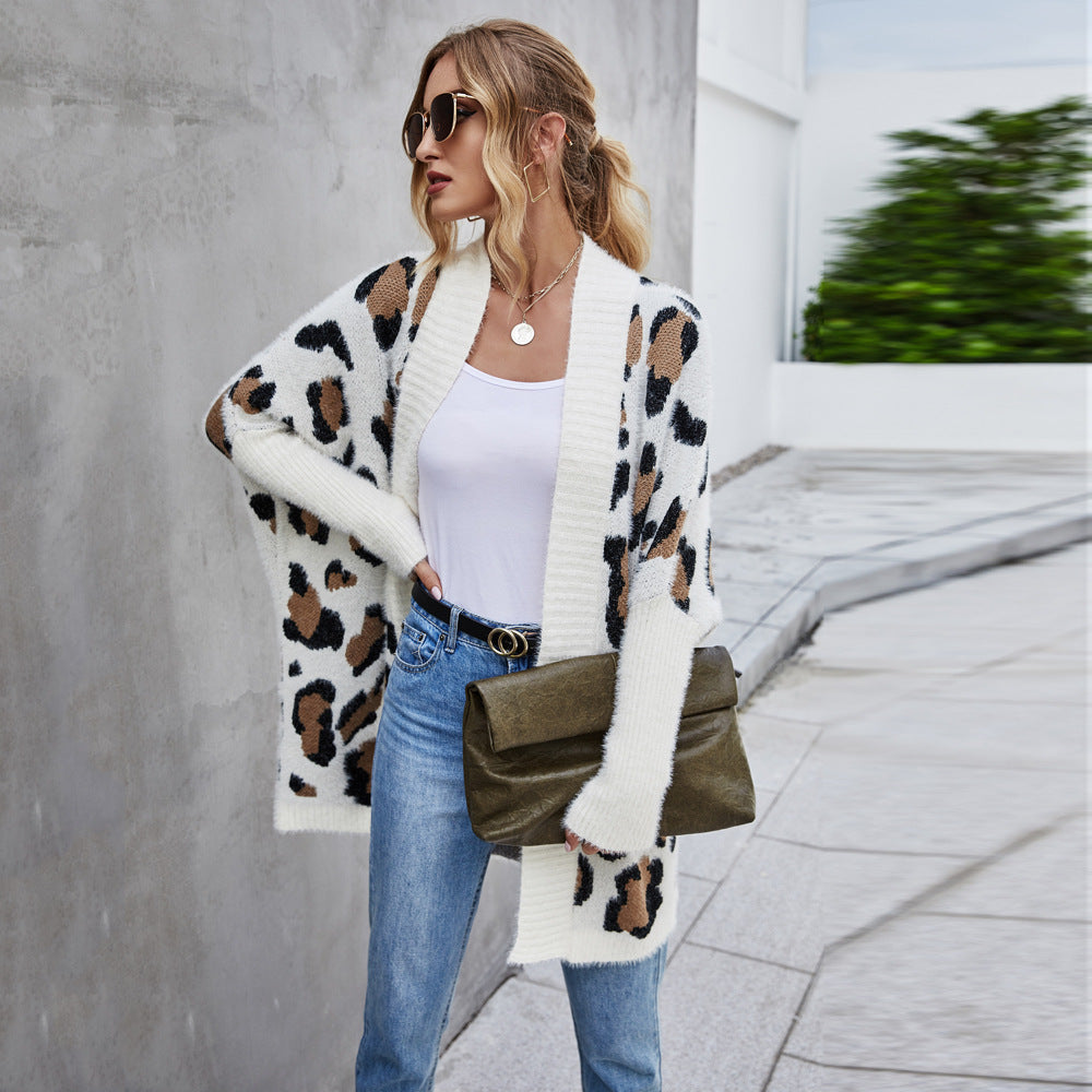 Damen kuschelige Strickjacke mit modischem Leopardenmuster Drune