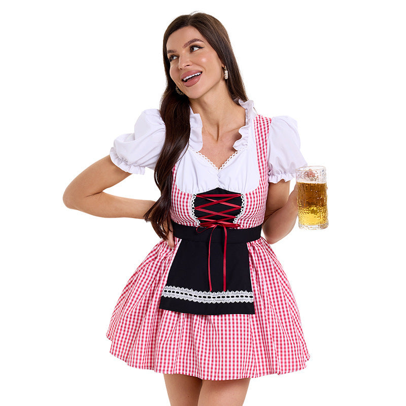 Damen nan kurzes kariertes Trachten Dirndl mit Schnürung Puffärmel und Schürze Drune