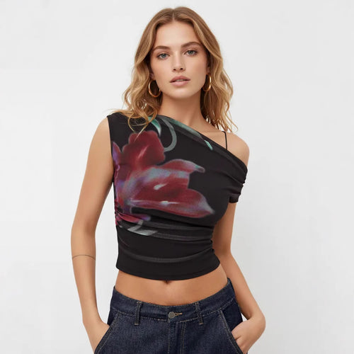 Damen Off-Shoulder Top mit floralem Design und Raffung Drune