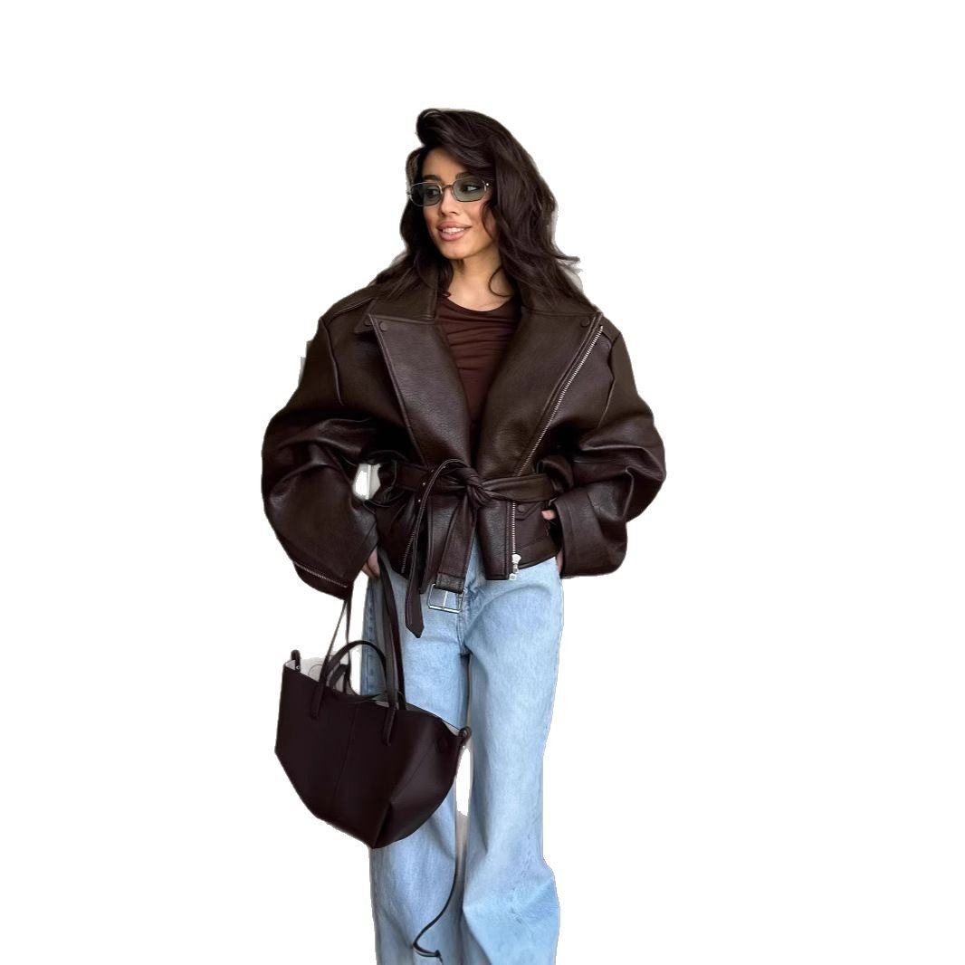 Damen Oversize Lederjacke mit Taillengürtel Drune