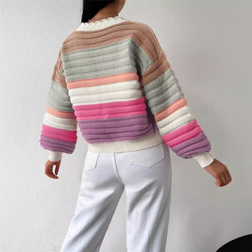 Damen Strickjacke mit modernem Streifenmuster und voluminösen Ärmeln Drune