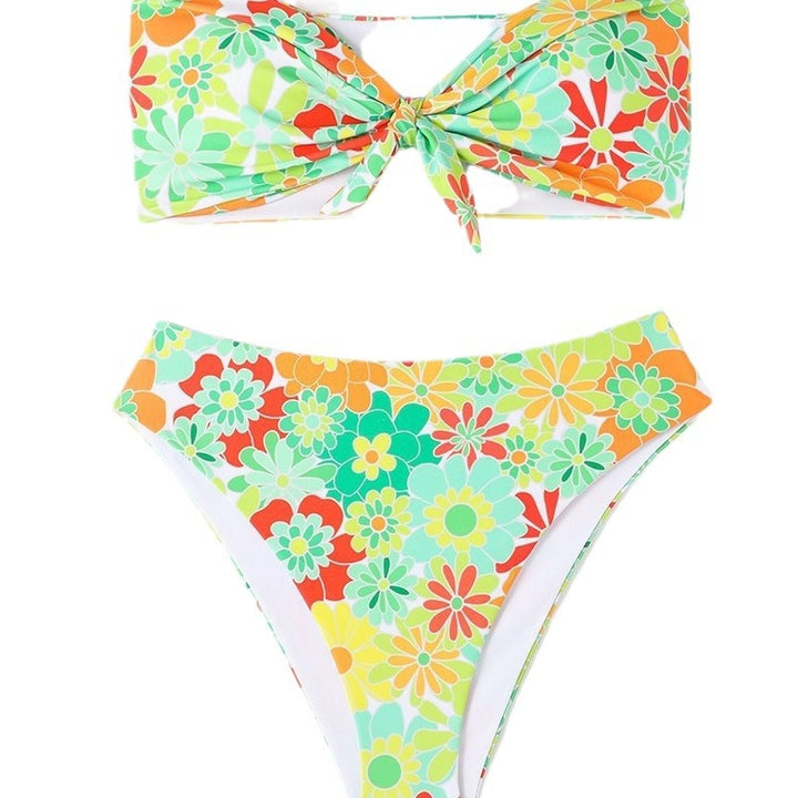 Damen Bandeau Bikini mit modischem Blumenmuster und verspieltem Knotendetail Drune