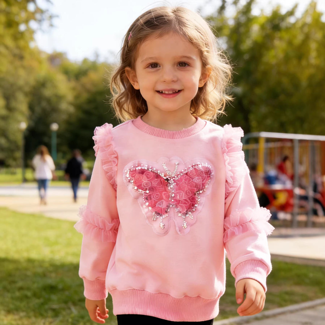 Mädchen Sweatshirt mit glänzendem Schmetterlingsmotiv und Rüschendetails Drune