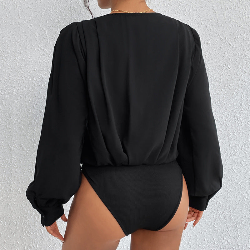Damen elegante Bluse mit tiefem V-Ausschnitt und voluminösen Ärmeln Drune