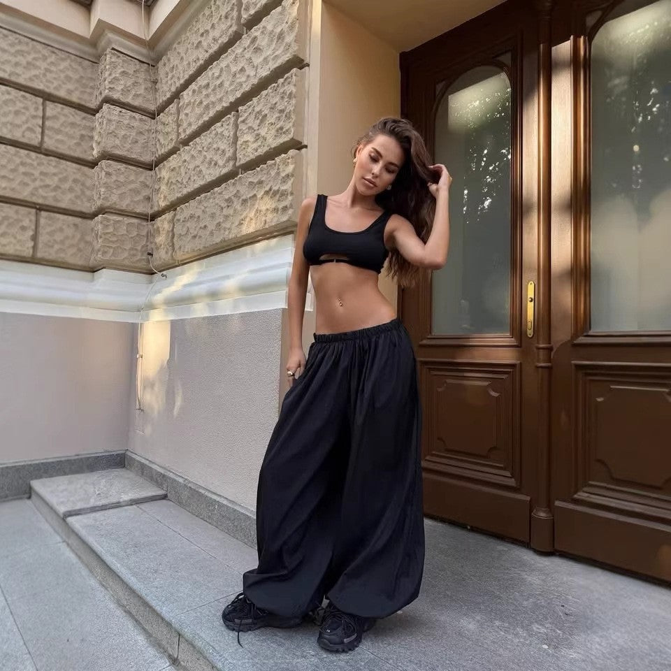 Damen weite Baumwollhose im lässigen Stil mit elastischem Bund Drune