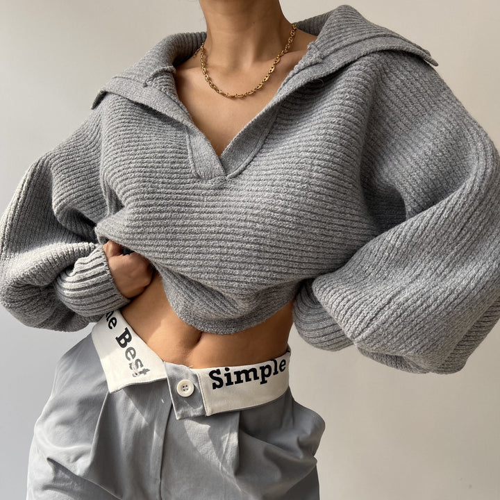Damen nan Grobstrick-Pullover mit weitem Kragen und V-Ausschnitt Drune