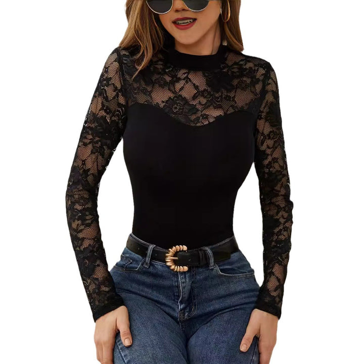 Damen nan tailliertes Spitzen-Langarmshirt mit blickdichtem Bustier-Einsatz und Stehkragen Drune