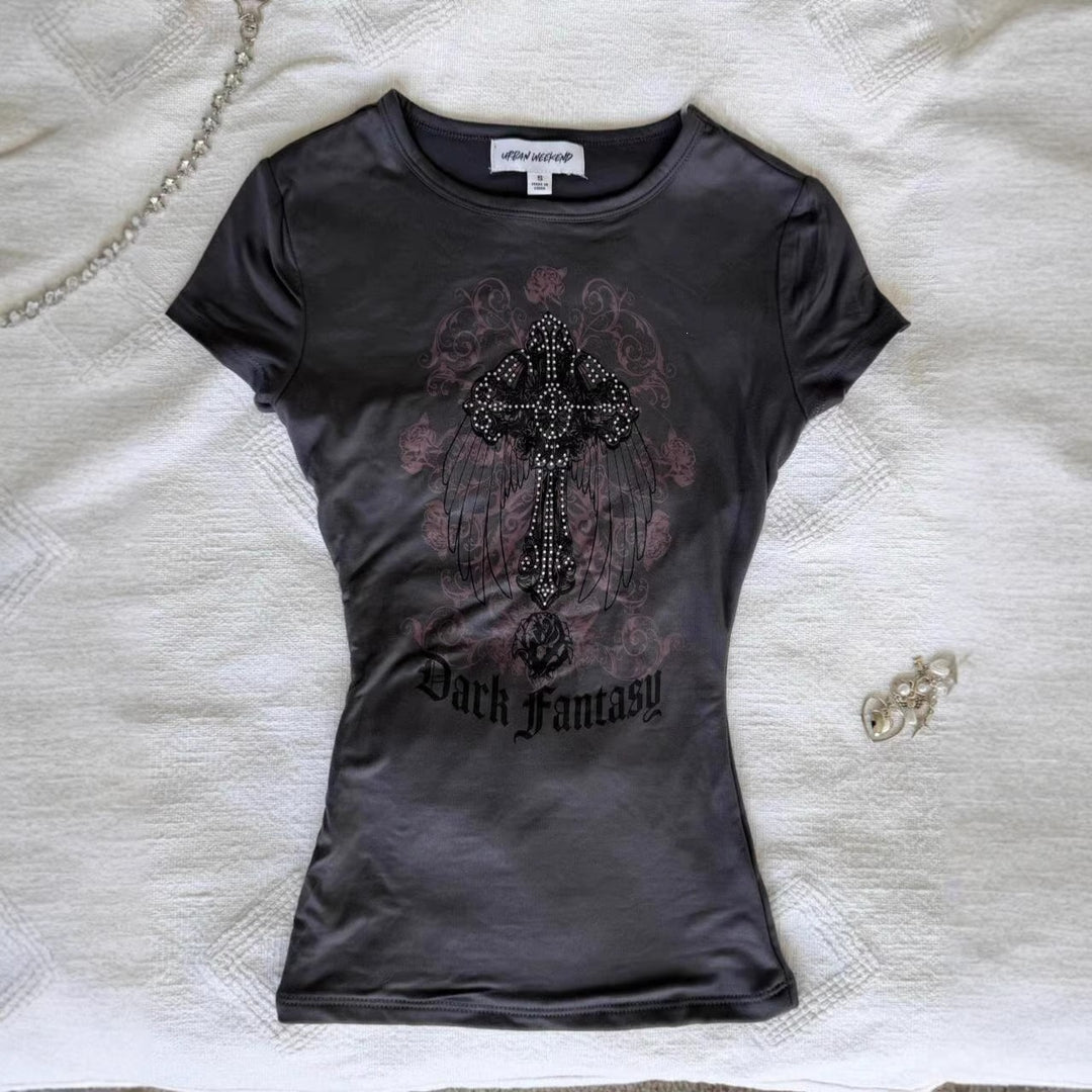 Damen T-Shirt mit funkelndem Grafikkreuz und floralem Design Drune