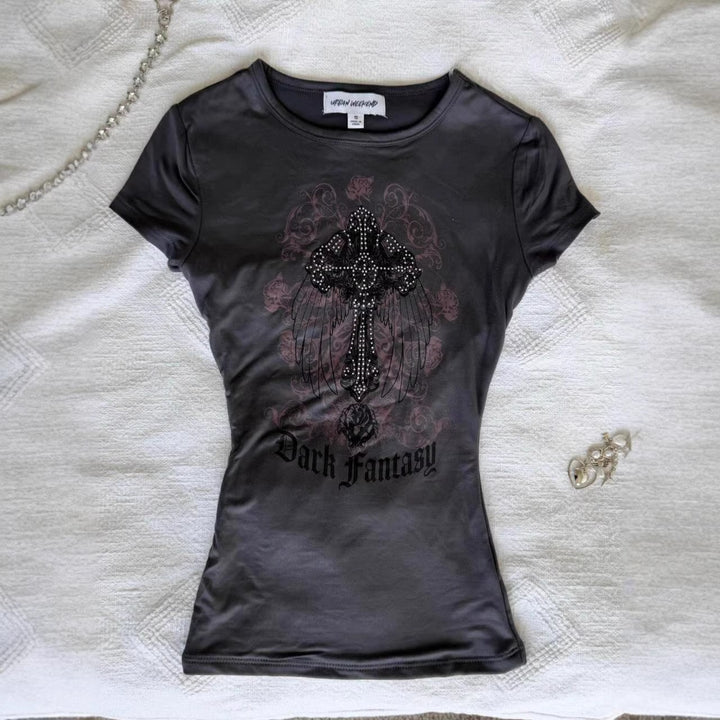 Damen T-Shirt mit funkelndem Grafikkreuz und floralem Design Drune