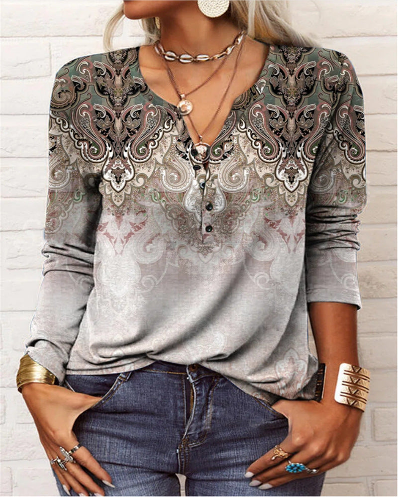 Damen Langarmshirt mit detailliertem Druck und Knopfleiste Drune