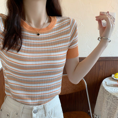 Damen Kurzarm Shirt mit modischem Streifenmuster und elastischem Saum Drune