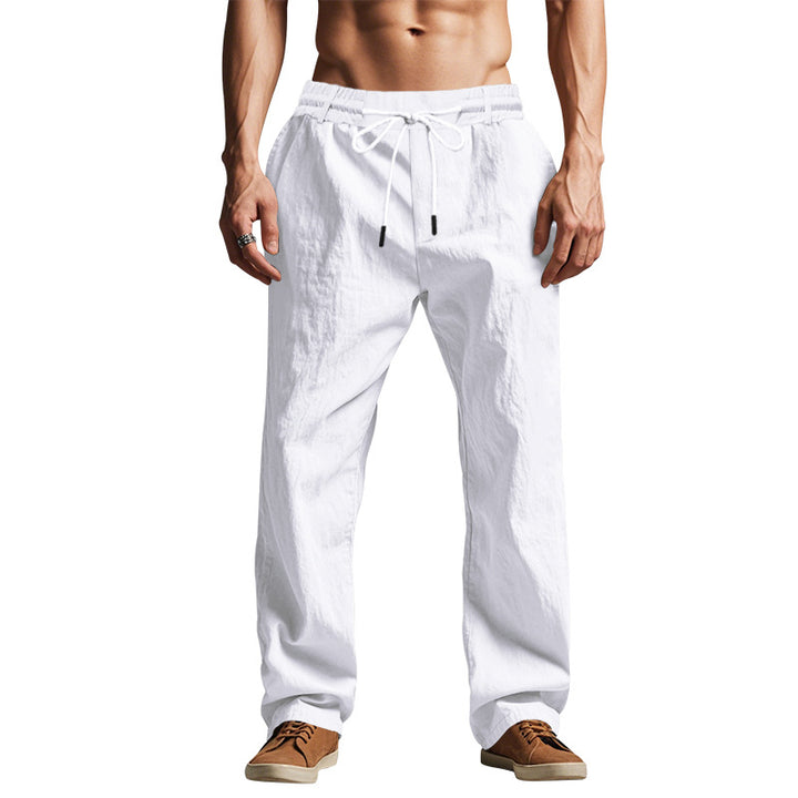 Herren nan leichte Baumwoll Leinen Freizeit-Hose mit Tunnelzug geradem Schnitt Drune
