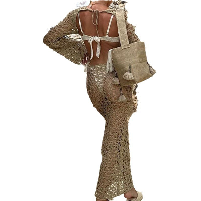 Damen Häkel-Strandkleid mit weiten Ärmeln und modernem Netzdesign Drune