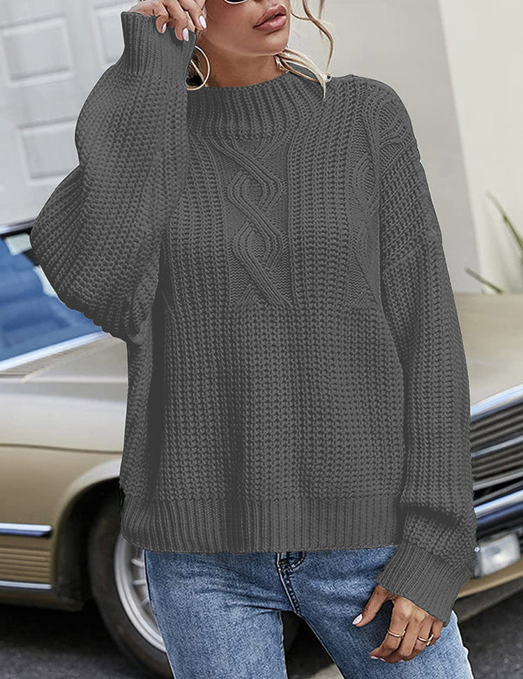 Damen Grobstrickpullover mit hohem Kragen und dekorativem Zopfmuster Drune
