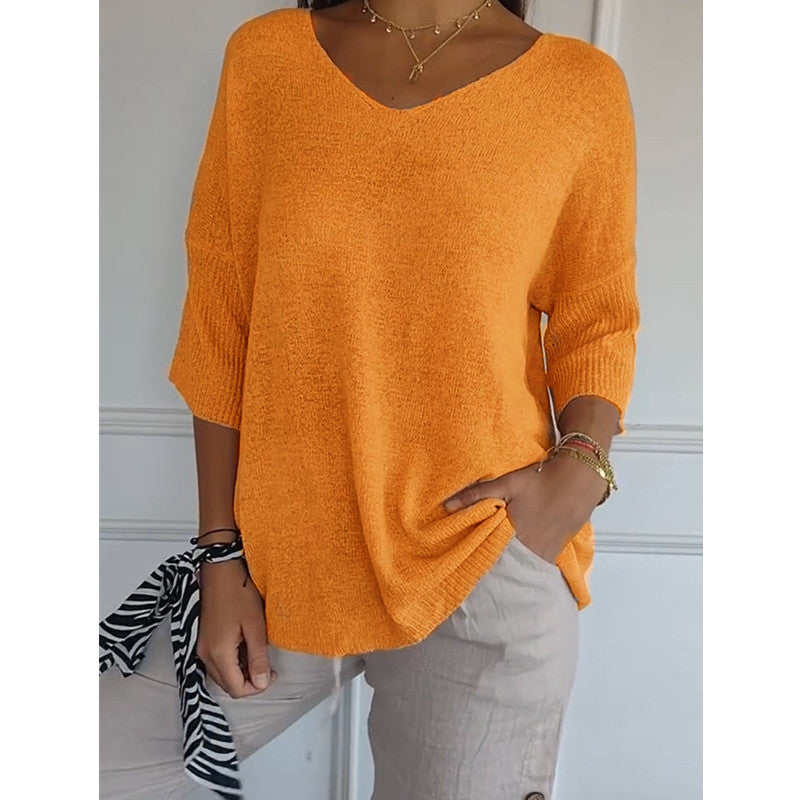 Damen nan locker sitzender V-Ausschnitt Feinstrickpullover mit dreiviertelÄrmeln Drune